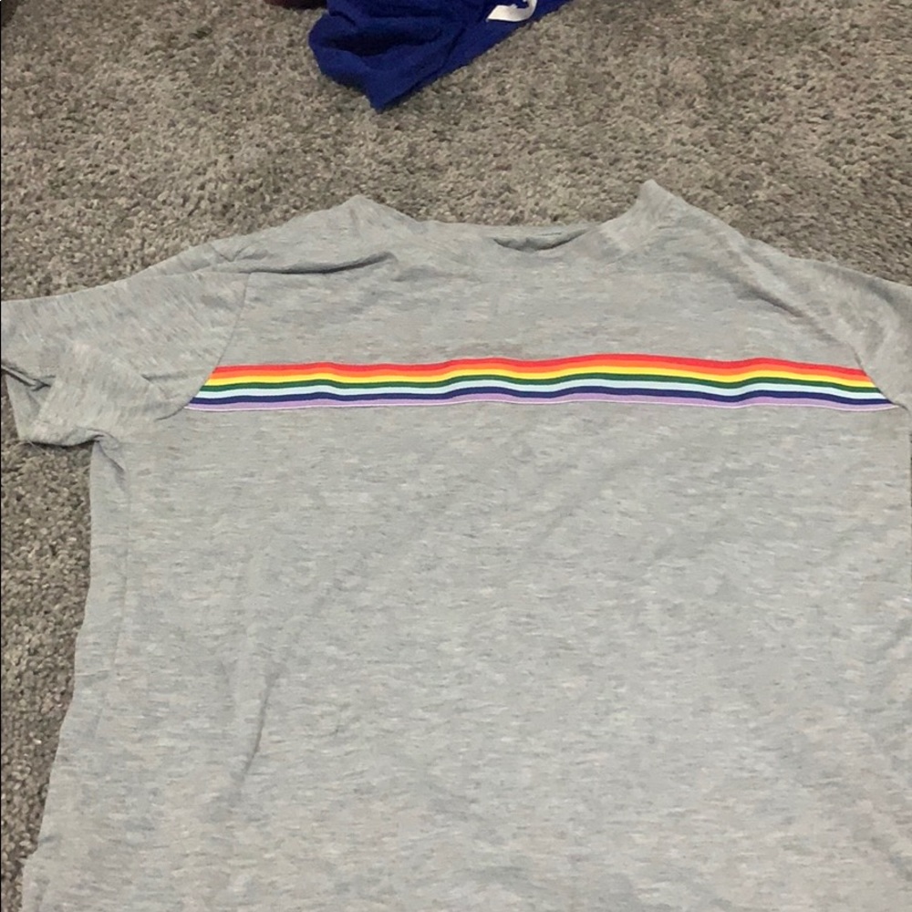 grey shirt with a rainbow stripe